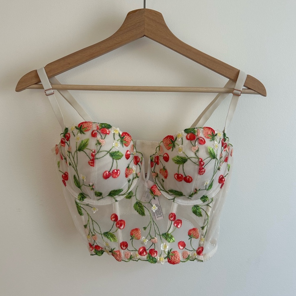 Victoria's Secret White Sheer Embroidered Cherry Bustier - Red/Green